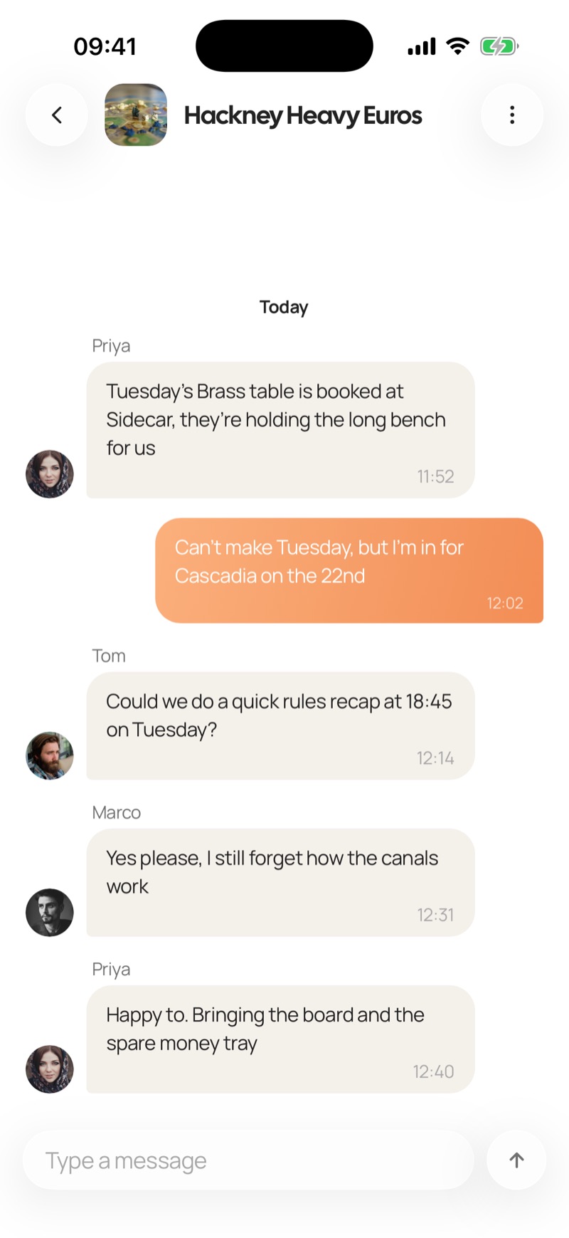 An event chat, with the people going to a game night sorting out the details