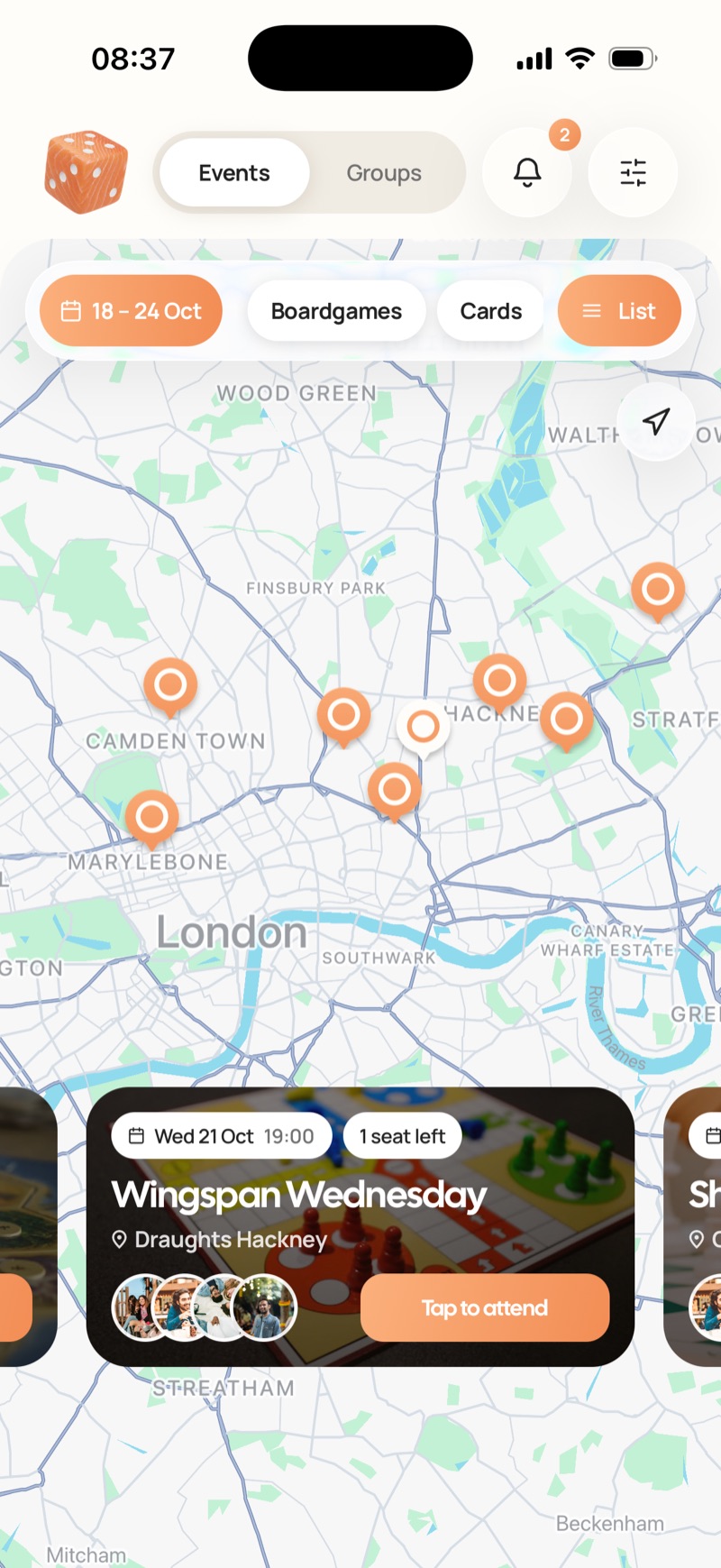 The sushiroll map, with games happening across London and an event card open at the bottom